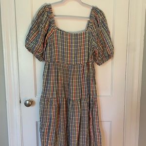 Plaid Midi Dress with Puff Sleeves